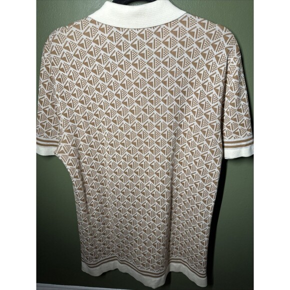 Express Men’s Knit Button Up Polo Shirt Retro Geometric Beige White M - Picture 4 of 4